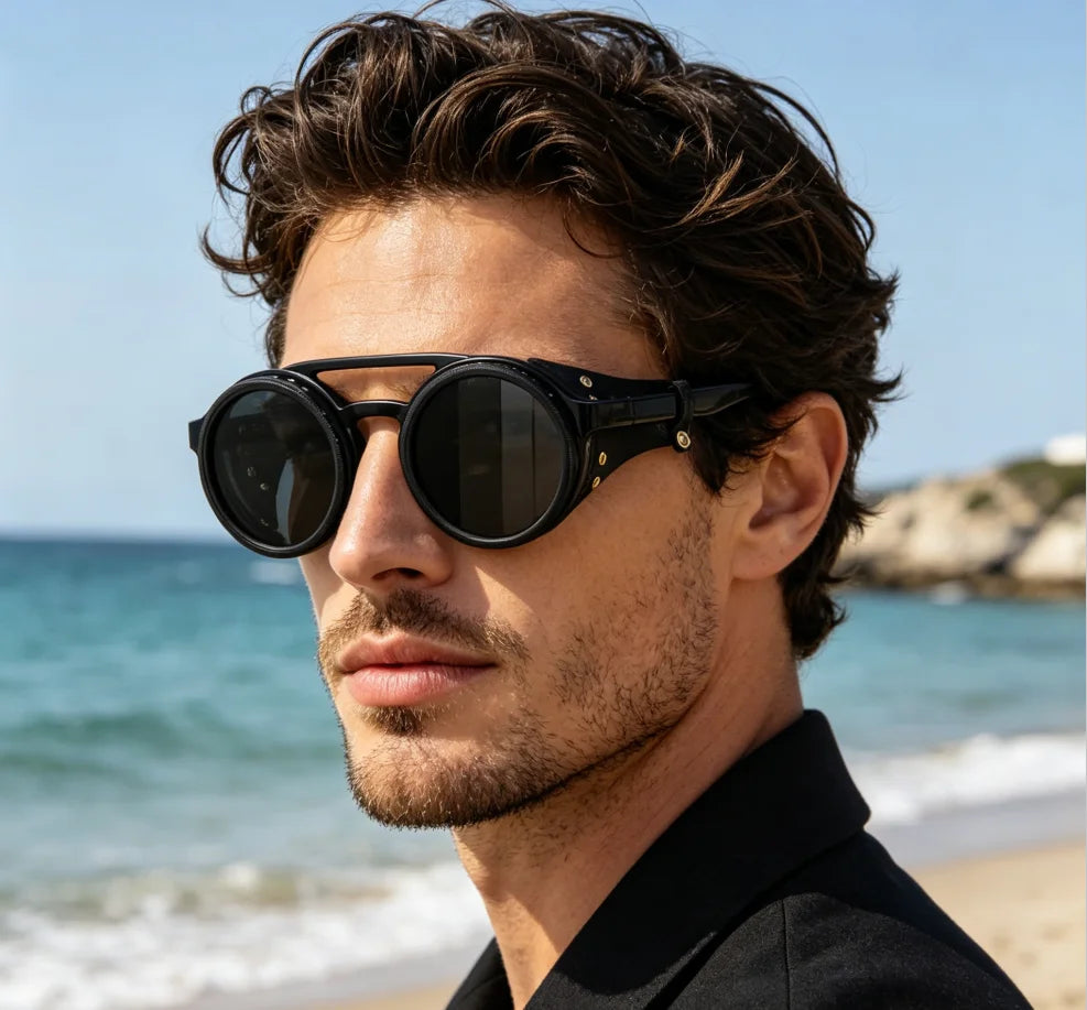 lafforgue ND9 Adjustable Dimming Steampunk Sunglasses – 9-Level ND Filter, Leather Side Shields, UV400, Unisex