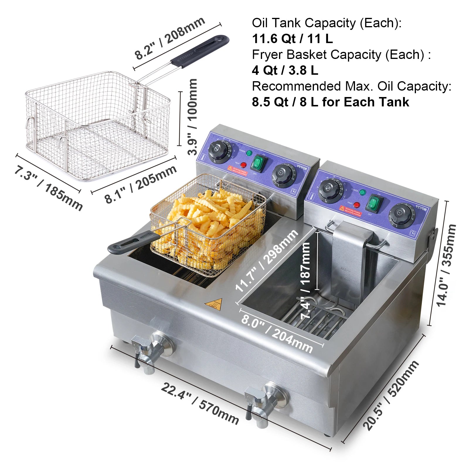 SucceBuy 12L Electric Deep Fryer w/Dual Removable Tanks Commercial Countertop Fryer for Chicken French Fries Frying Chips