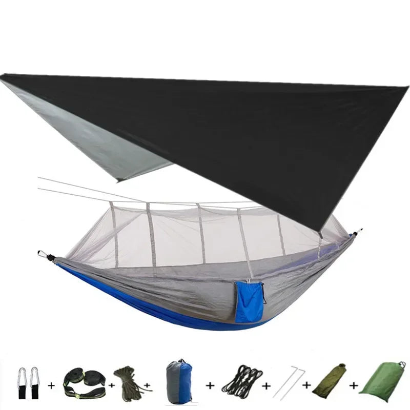 Double Camping Hammock with Mosquito Net, Rain Fly & Tree Straps – 2 Person | 210T Nylon | 600 lb | 3000mm Rainfly