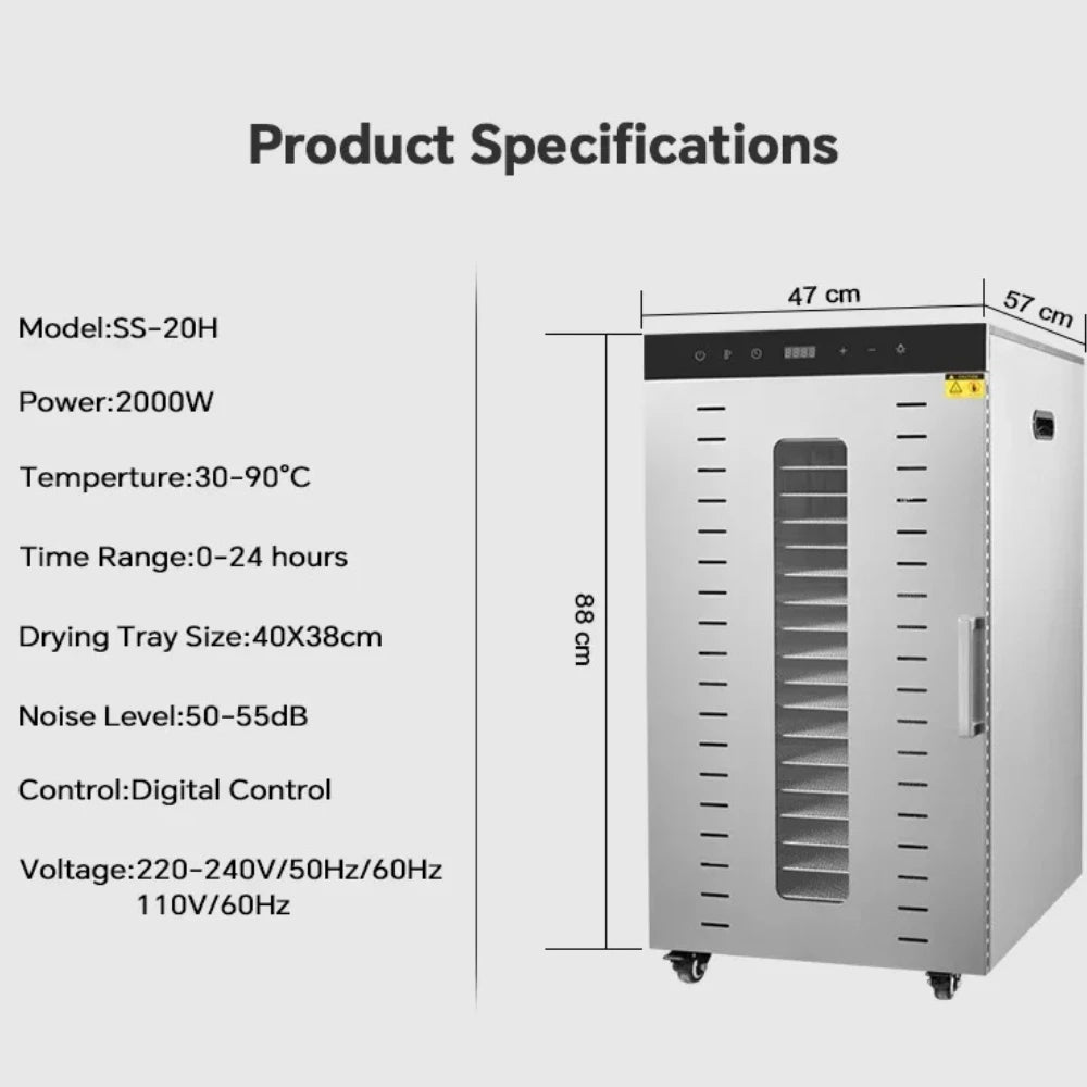 2000W Commercial Food Dehydrator 20 Trays Stainless Steel Jerky Maker 110V 220V Meat Fruit Dryer Machine 30-90℃ Pet Treat