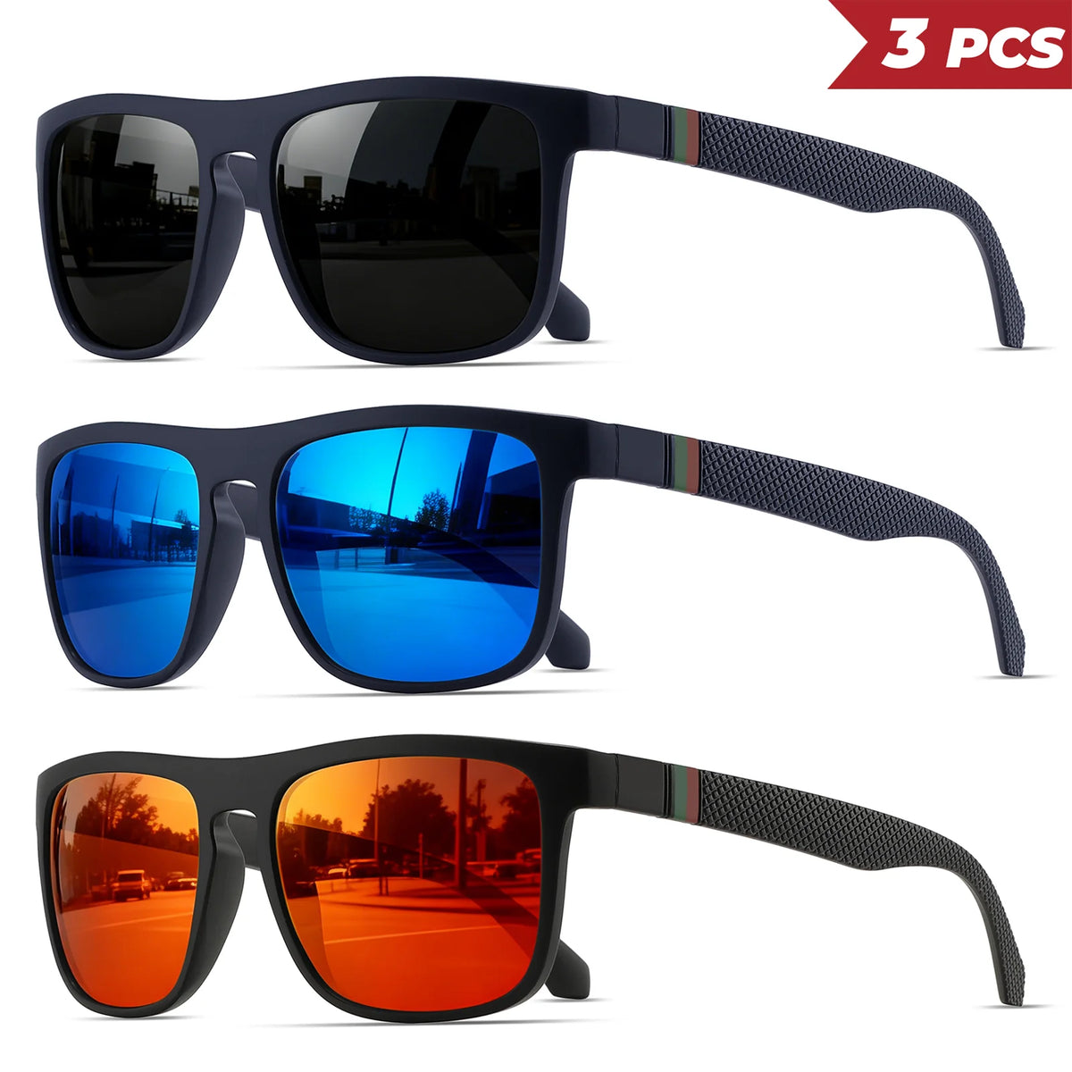 3-Pack Retro Polarized Sunglasses – Stripe Temples, Mirror UV400, Square, Unisex