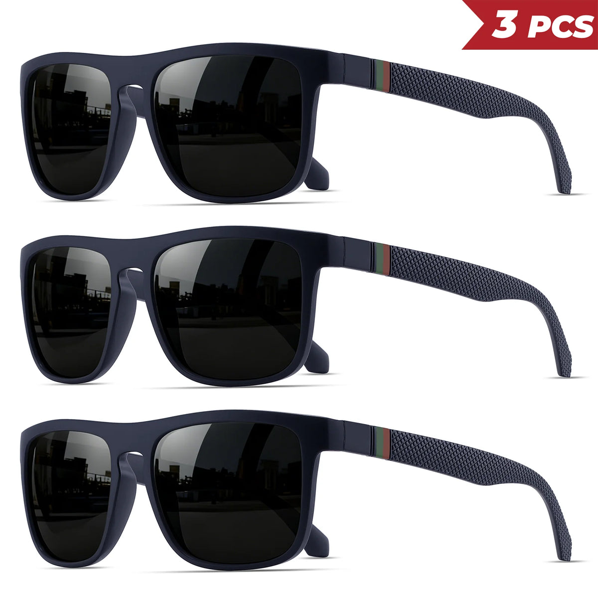3-Pack Retro Polarized Sunglasses – Stripe Temples, Mirror UV400, Square, Unisex