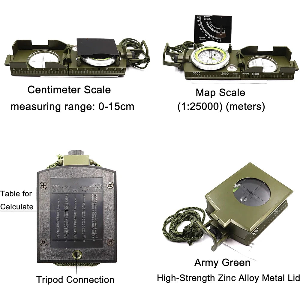 Mulitifunctional High Precision Outdoor Survival Military Compass Camping Waterproof Metal with Fluorescent Geological Compass