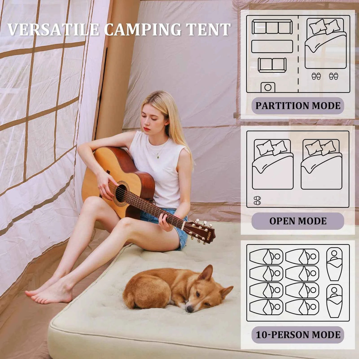 SENLEETO Inflatable Camping Tent – 6-8 Person, 129 sq ft with Canopy, Stove Jack & Pump