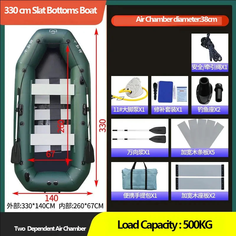 1.75~3.6m Green Fishing Kayak PVC Inflatable Boat with Air Deck Bottoms Set Fishing Boat Raft Rubber Dinghy Inflatable Clip Net
