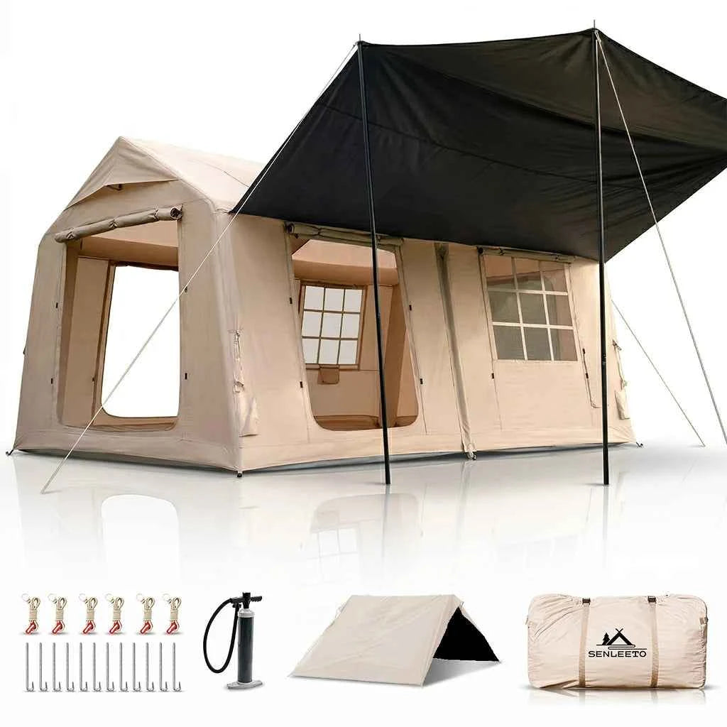 SENLEETO Inflatable Camping Tent – 6-8 Person, 129 sq ft with Canopy, Stove Jack & Pump