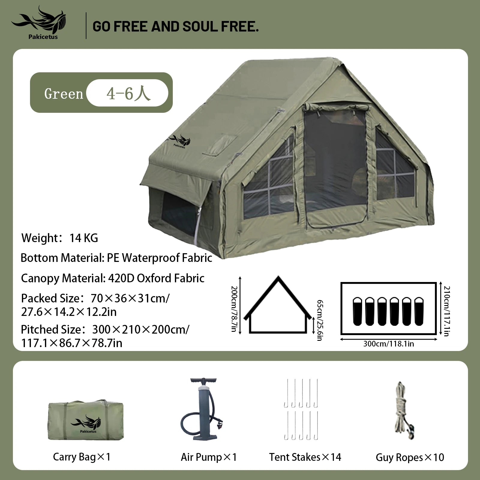 PAKICETUS Inflatable Camping Tent – 4-8 Person Portable 4-Season Waterproof Tent with Windows