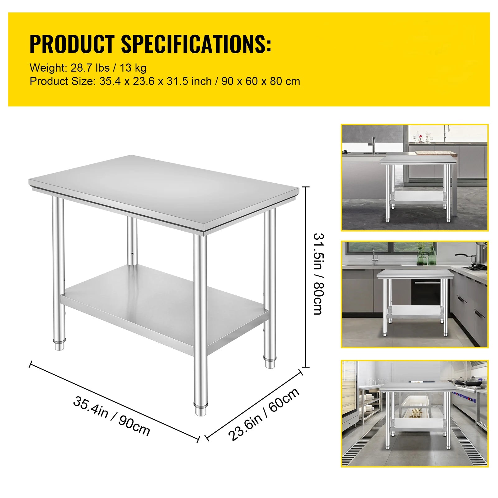 SucceBuy Stainless Steel Table for Prep & Work Metal Commercial Kitchen Heavy Duty Table with Adjustable Shelf