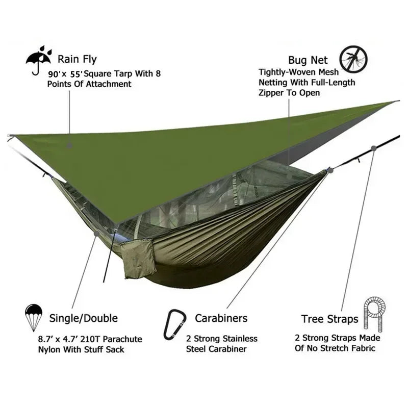 Double Camping Hammock with Mosquito Net, Rain Fly & Tree Straps – 2 Person | 210T Nylon | 600 lb | 3000mm Rainfly