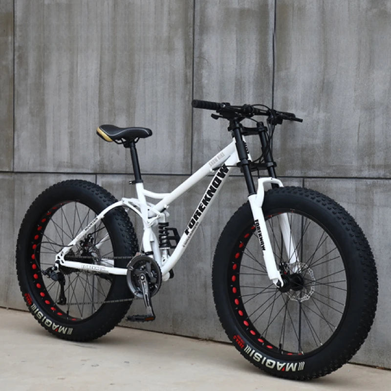 Fat Tire Mountain Bike – 4.0" Wide Tires, Soft-Tail Frame, Double Disc Brakes, 7–27 Speed, 24" or 26" Wheel, Unisex