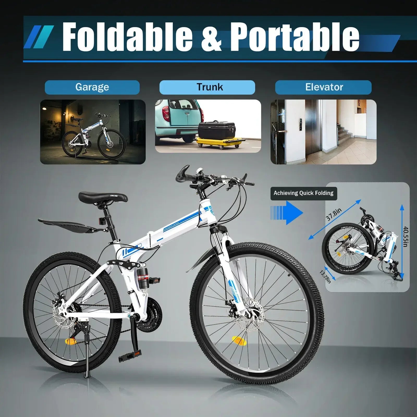 26" Folding Mountain Bike 21-Speed Dual Disc Brakes Men&