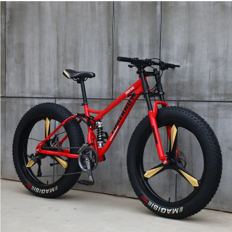 Fat Tire Mountain Bike – 4.0" Wide Tires, Soft-Tail Frame, Double Disc Brakes, 7–27 Speed, 24" or 26" Wheel, Unisex