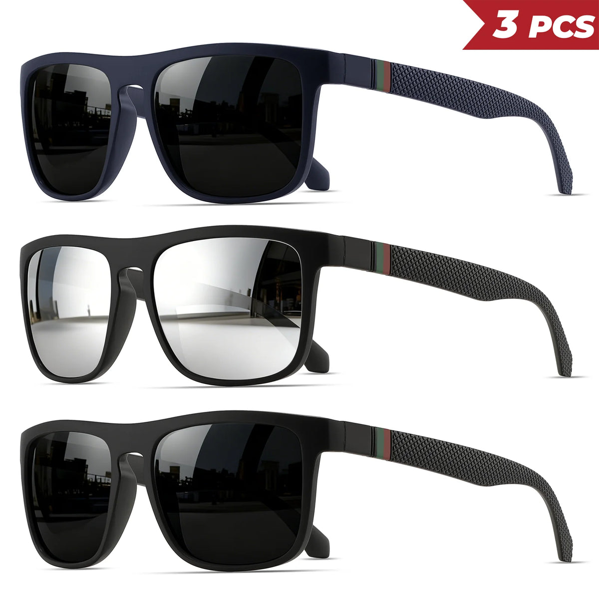 3-Pack Retro Polarized Sunglasses – Stripe Temples, Mirror UV400, Square, Unisex