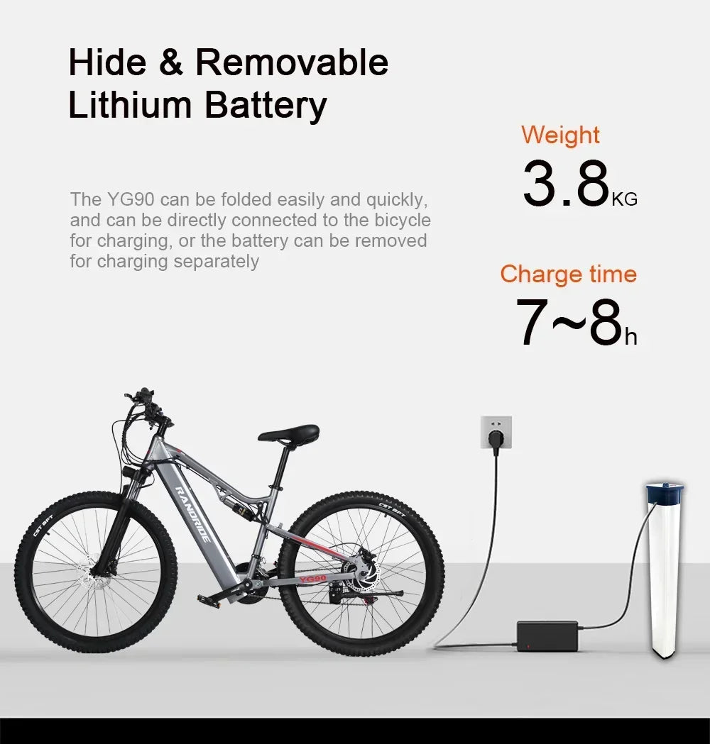 Electric Bicycle RANDRIDE YG90 1000W 48V17AH Hydraulic Brake E-bike with Full Suspension 21 Gears Shift Free Rack Electric bike
