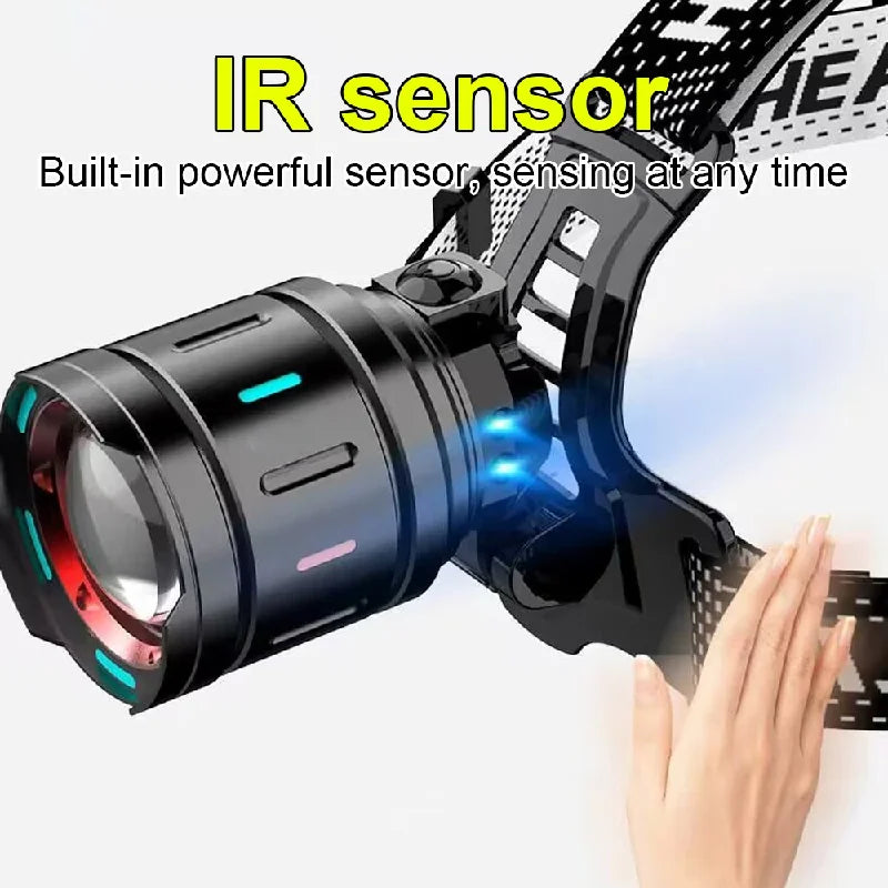 2026 New Super Powerful Headlamp 800W LED IR Sensor Headlight Rechargeable Head Flashlight 5000 Meter Head Lamp Fishing Lantern