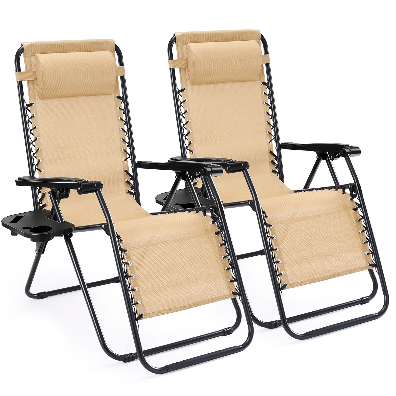Zero Gravity Recliner Chairs Set of 2 — Portable Folding Lounge Chairs with Cup Holder Tray & Headrest