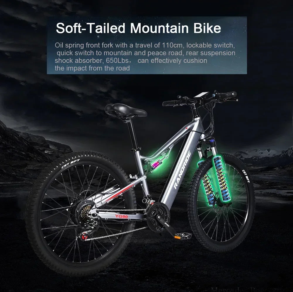 Electric Bicycle RANDRIDE YG90 1000W 48V17AH Hydraulic Brake E-bike with Full Suspension 21 Gears Shift Free Rack Electric bike