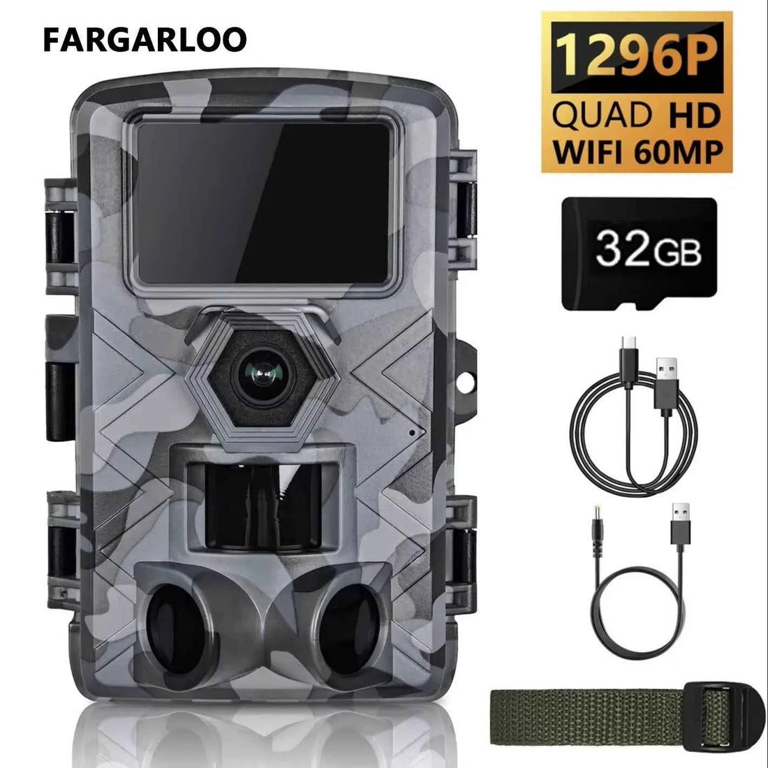 Fargarloo 60MP WiFi Trail Camera – 1296P HD, App Control, IP66 Waterproof, 32GB Included