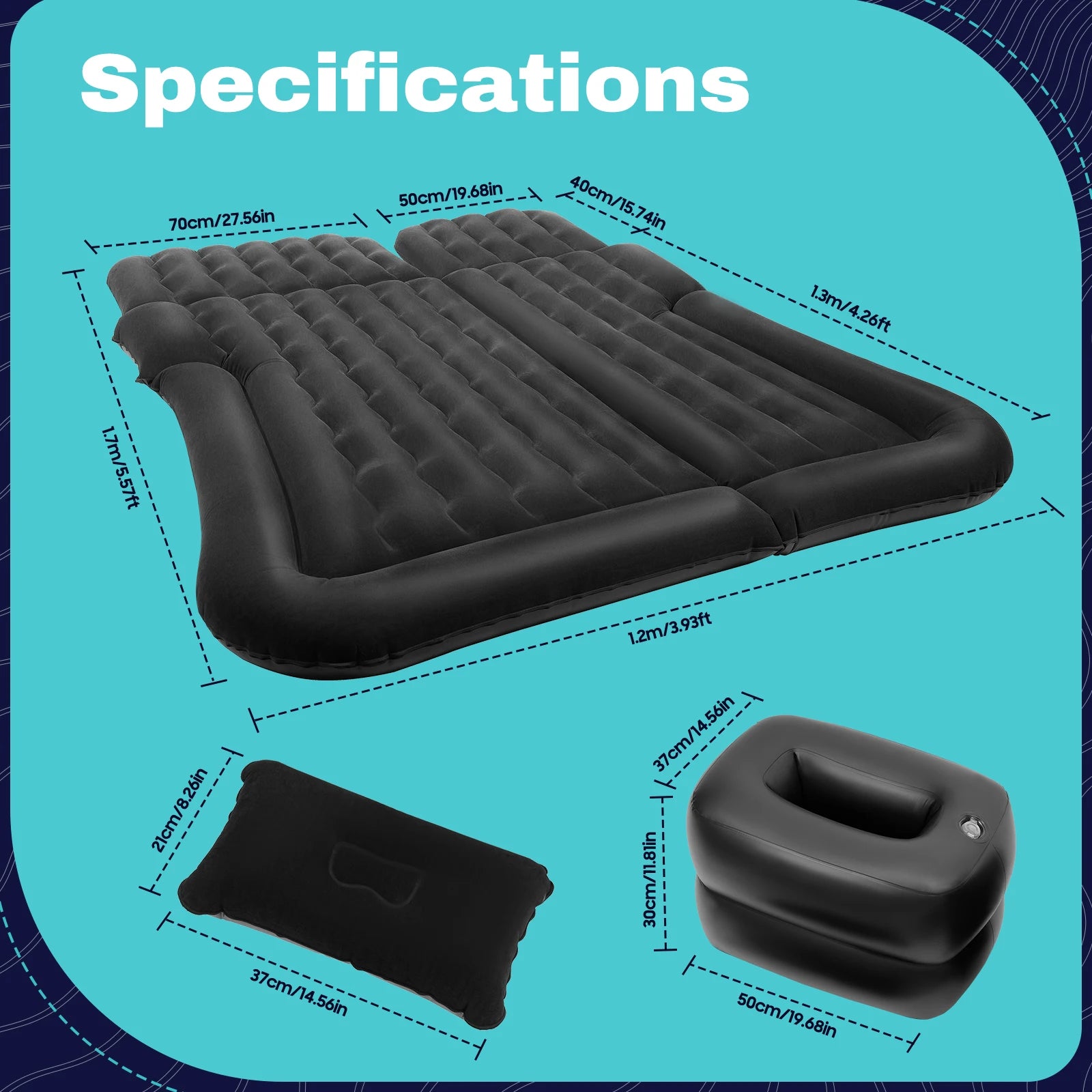 Universal Inflatable Car Bed Mattress Set w Air Pump Foldable Flocking Air Cushion for Trunk Back Seat Camping Travel Sleeping