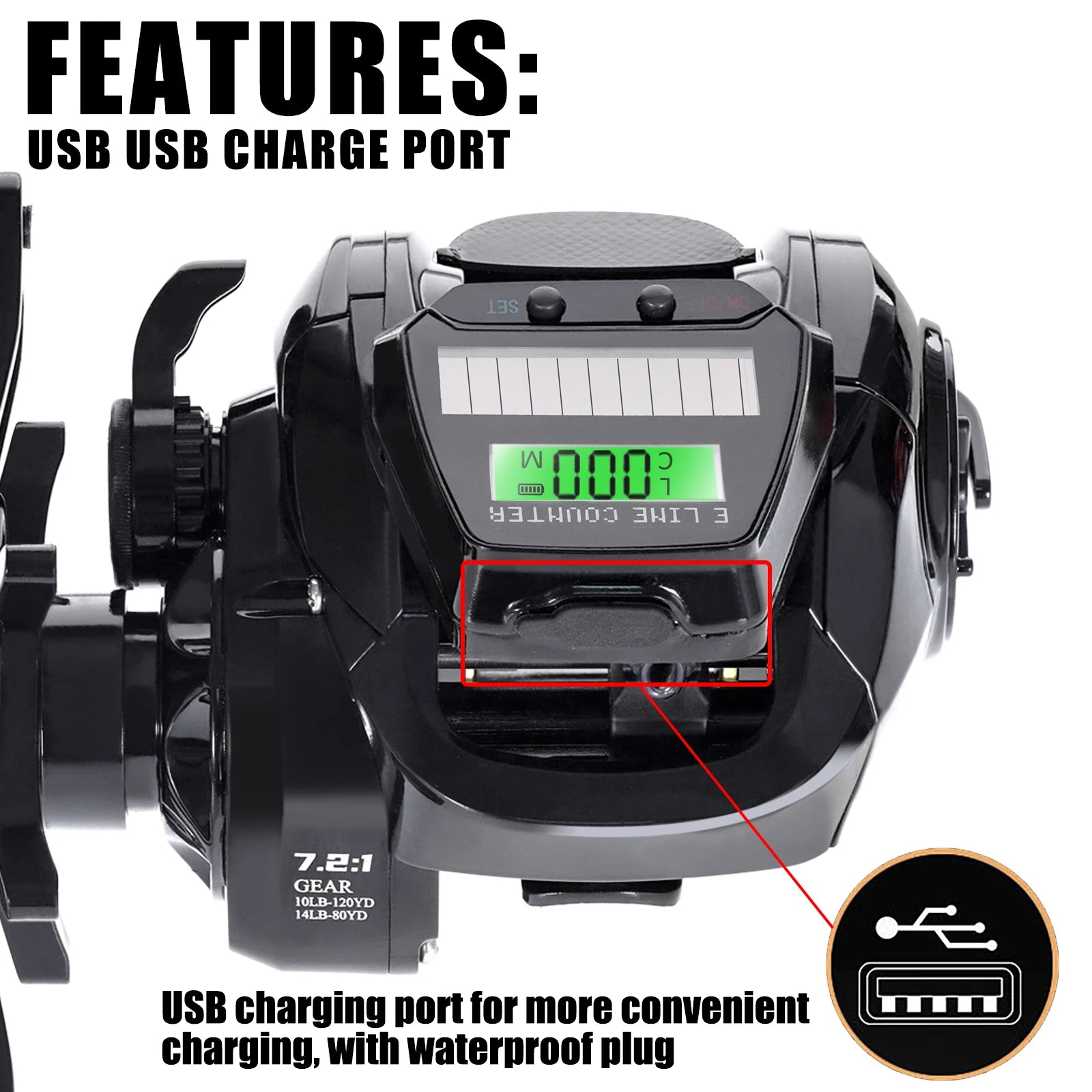 SAMOLLA Electronic Baitcasting Reel – LED Screen, USB & Solar Charging, 7.2:1 Gear Ratio, Waterproof Saltwater Drum Reel