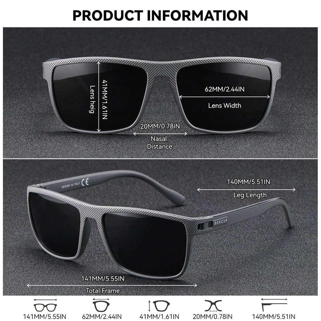 BARCUR Polarized Rectangle Sunglasses – UV400 Mirror Gradient Lens, TR-90 Frame, 9 Colors