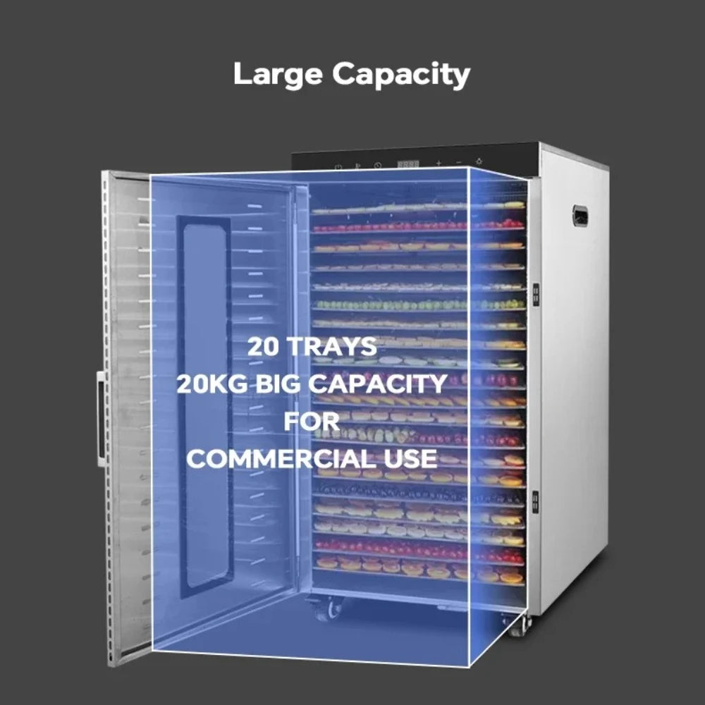 2000W Commercial Food Dehydrator 20 Trays Stainless Steel Jerky Maker 110V 220V Meat Fruit Dryer Machine 30-90℃ Pet Treat