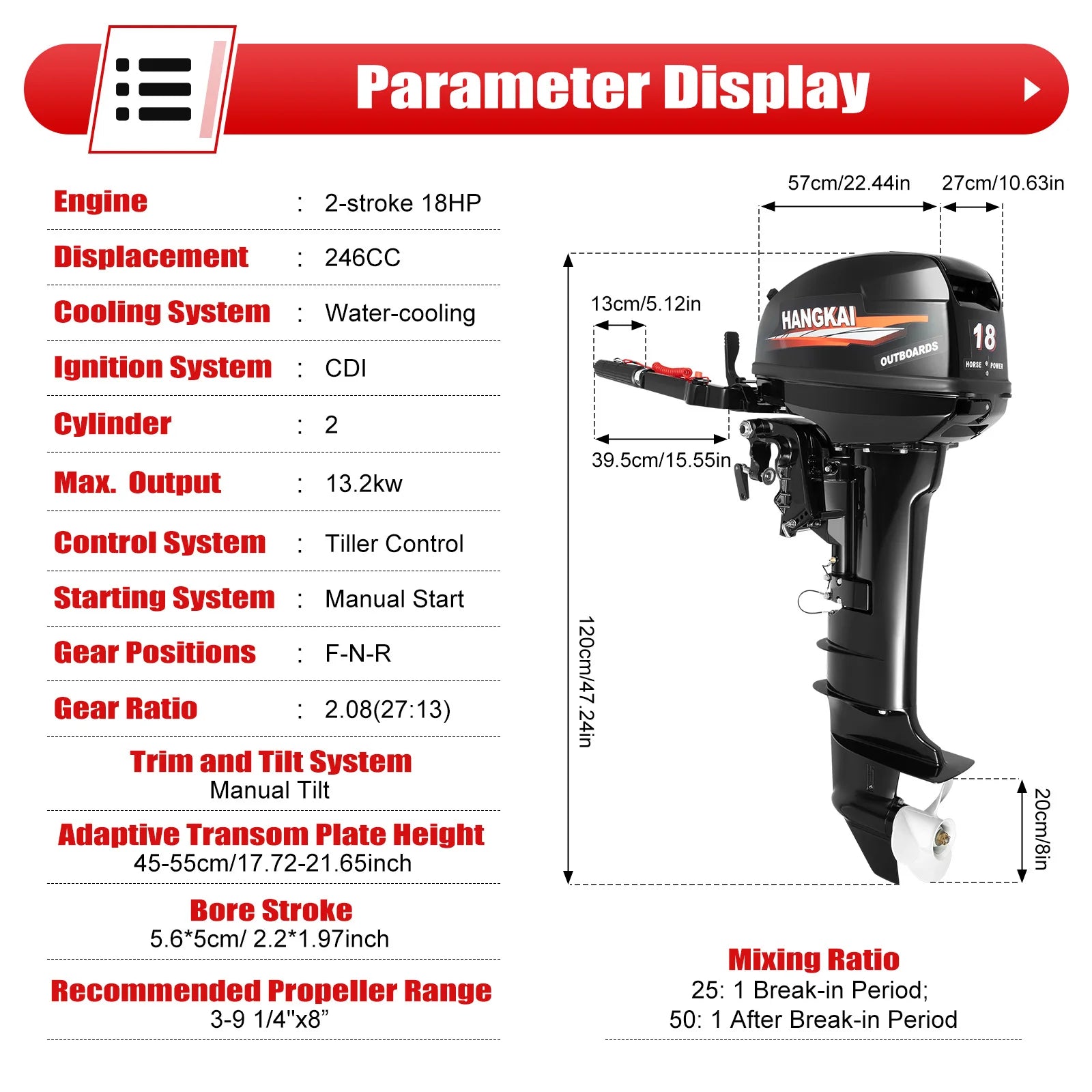 HangKai 18HP Outboard Motor, 2 Stroke 246CC Heavy Duty Outboard Boat Water Cooled Engine with CDI Ignition System Long Shaft