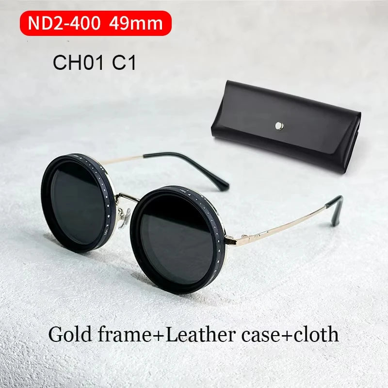 lafforgue ND9 Adjustable Dimming Steampunk Sunglasses – 9-Level ND Filter, Leather Side Shields, UV400, Unisex