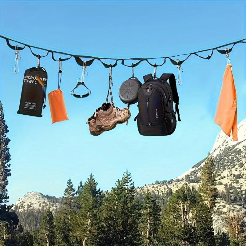 Campsite Storage Strap with 19 Hooks for Hanging Camping Equipment, Durable Campground Organizer