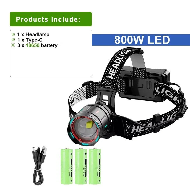 2026 New Super Powerful Headlamp 800W LED IR Sensor Headlight Rechargeable Head Flashlight 5000 Meter Head Lamp Fishing Lantern