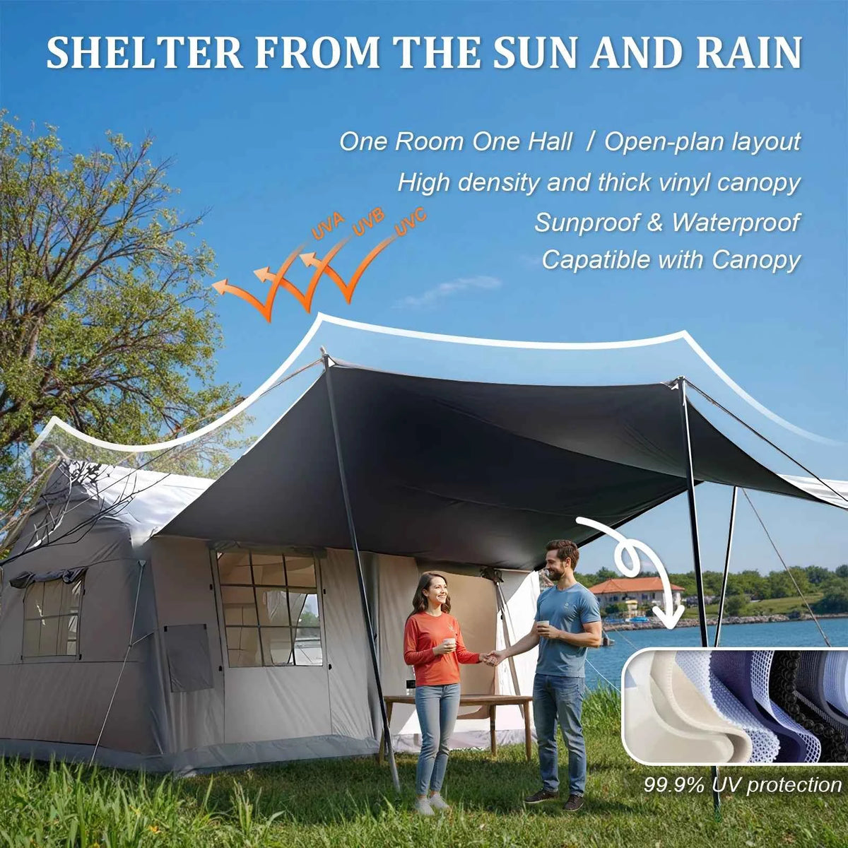 SENLEETO Inflatable Camping Tent – 6-8 Person, 129 sq ft with Canopy, Stove Jack & Pump