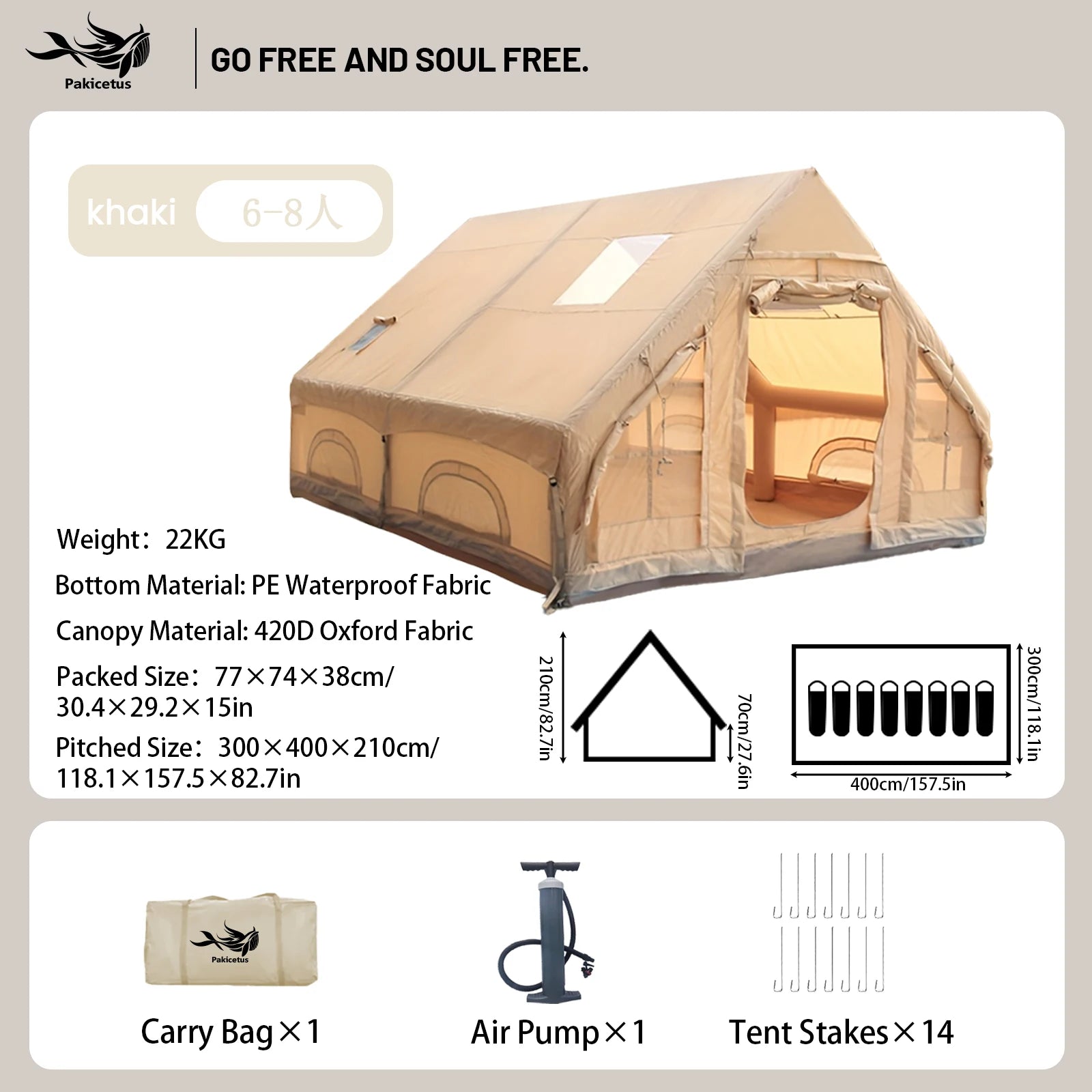 PAKICETUS Inflatable Camping Tent – 4-8 Person Portable 4-Season Waterproof Tent with Windows