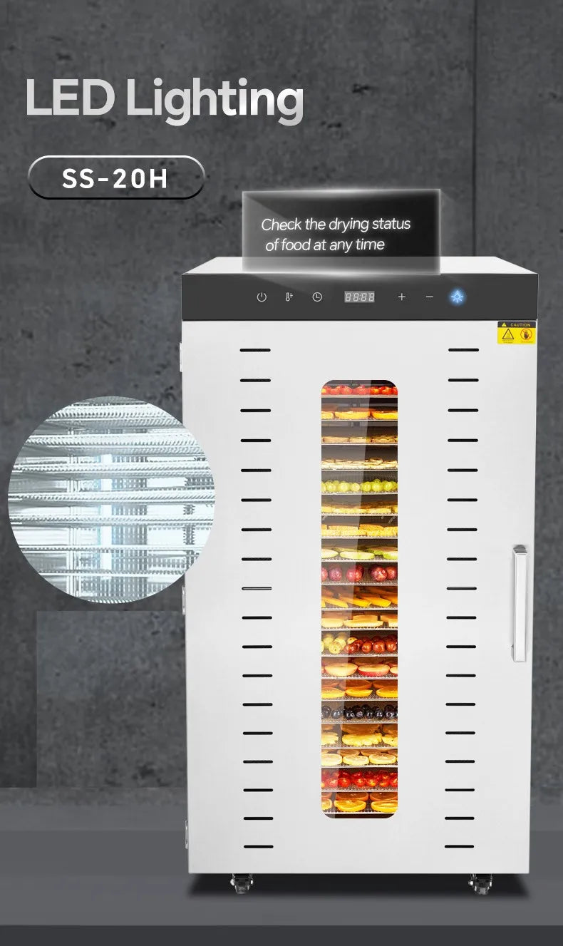 2000W Commercial Food Dehydrator 20 Trays Stainless Steel Jerky Maker 110V 220V Meat Fruit Dryer Machine 30-90℃ Pet Treat