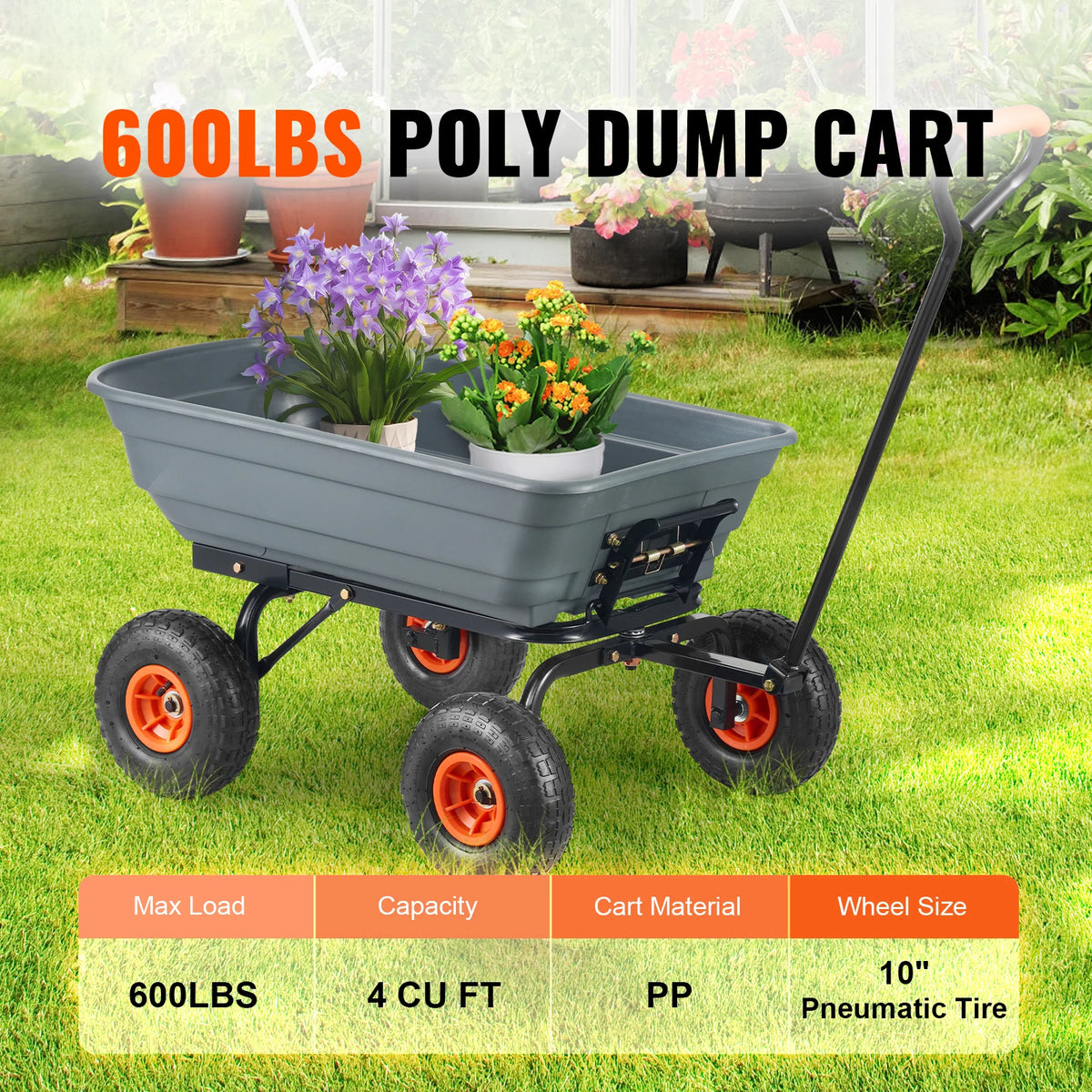 SucceBuy Heavy-Duty Garden Dump Cart – Poly Dump Wagon, 10" Wheels, 2-in-1 Handle, 600 or 1500 lbs Capacity