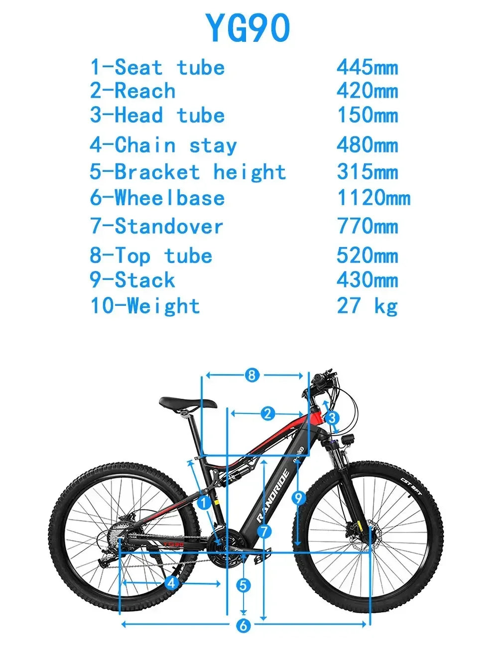 Electric Bicycle RANDRIDE YG90 1000W 48V17AH Hydraulic Brake E-bike with Full Suspension 21 Gears Shift Free Rack Electric bike