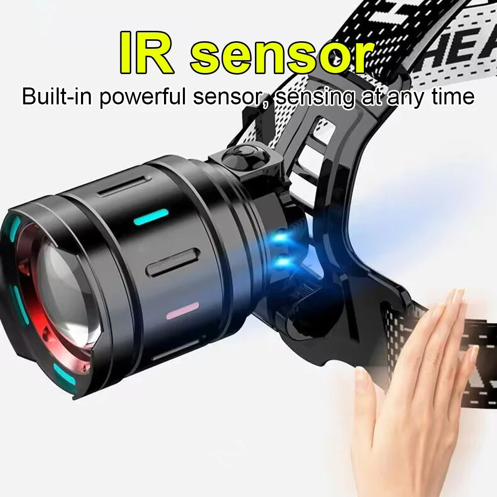 2026 New Super Powerful Headlamp 800W LED IR Sensor Headlight Rechargeable Head Flashlight 5000 Meter Head Lamp Fishing Lantern