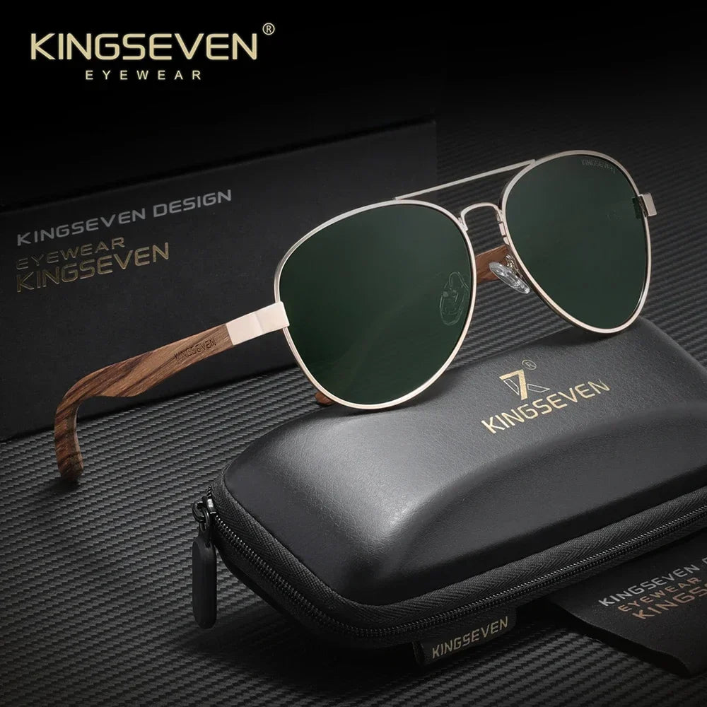 KINGSEVEN 5518 Zebrawood Pilot Sunglasses – TAC Polarized Mirror, UV400, Unisex