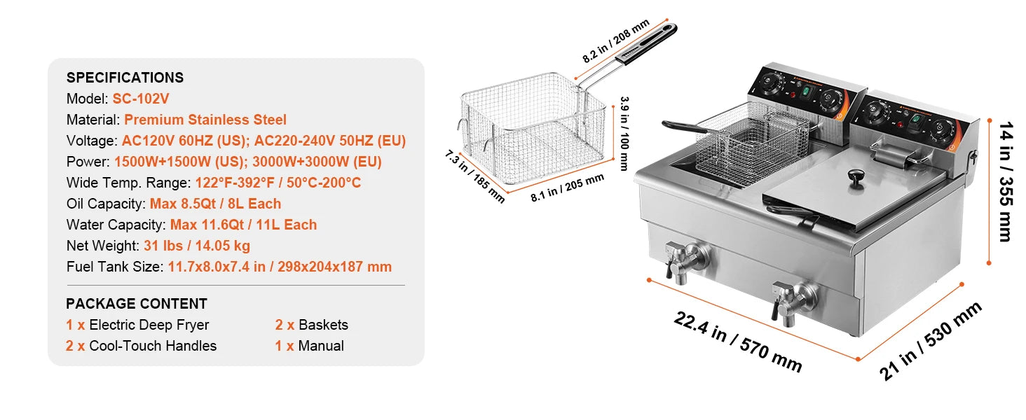SucceBuy 12L Electric Deep Fryer w/Dual Removable Tanks Commercial Countertop Fryer for Chicken French Fries Frying Chips