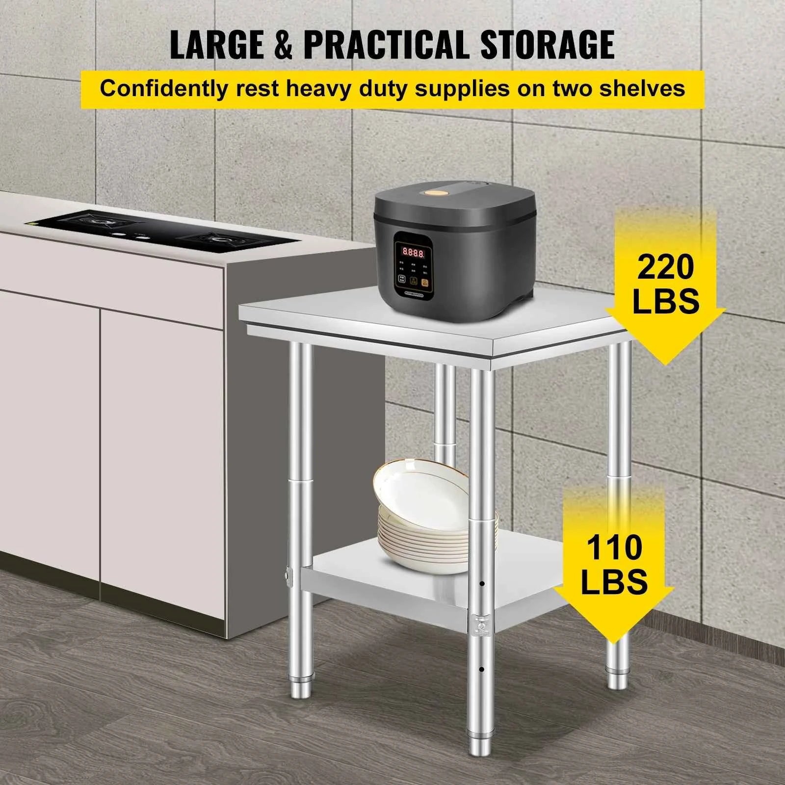 SucceBuy Stainless Steel Table for Prep & Work Metal Commercial Kitchen Heavy Duty Table with Adjustable Shelf