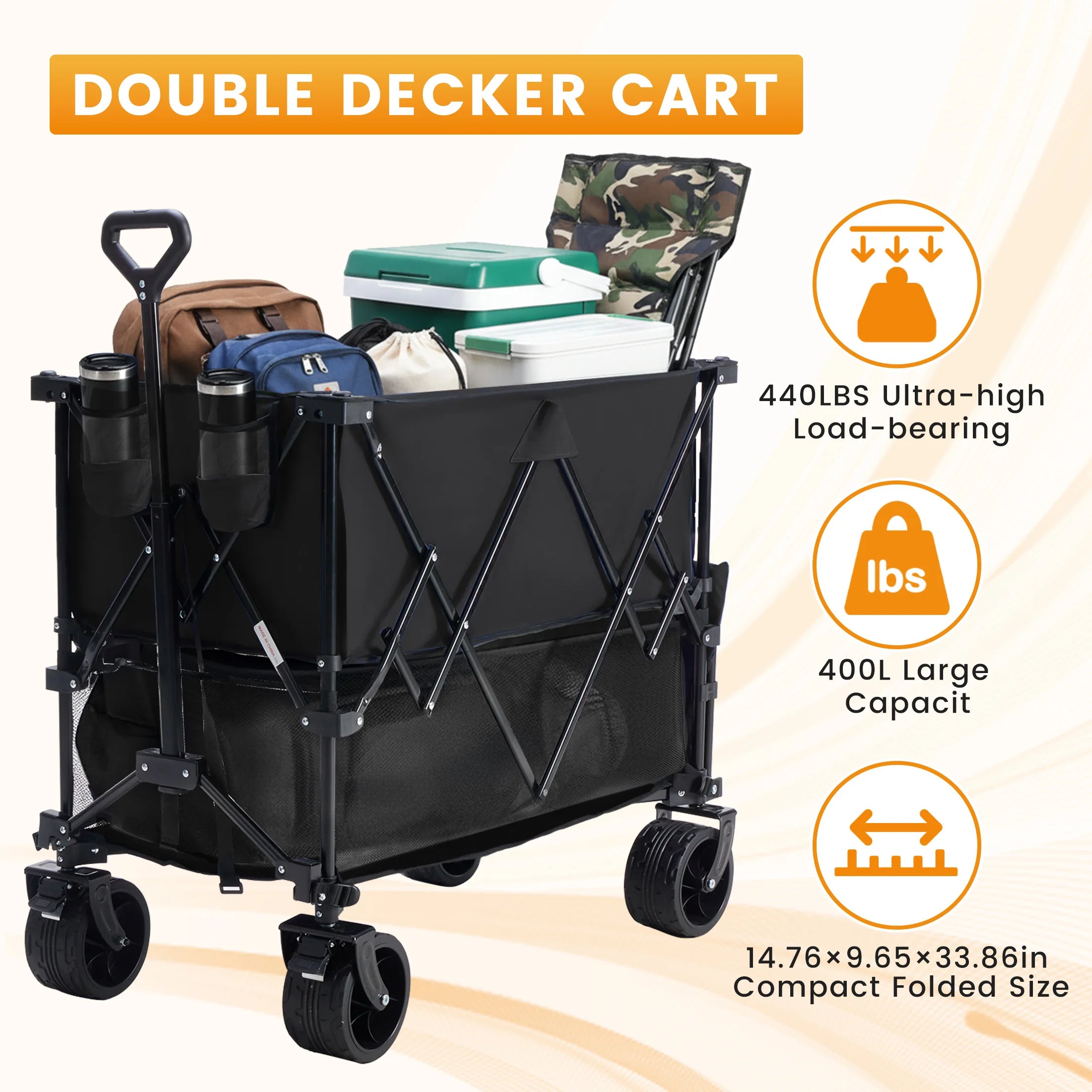 DUMOS Folding Wagon Cart – 440 lbs / 320L Capacity, Adjustable Handle, 600D Oxford, 360° Swivel Wheels