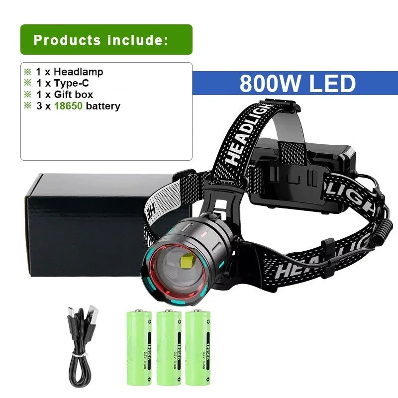 2026 New Super Powerful Headlamp 800W LED IR Sensor Headlight Rechargeable Head Flashlight 5000 Meter Head Lamp Fishing Lantern