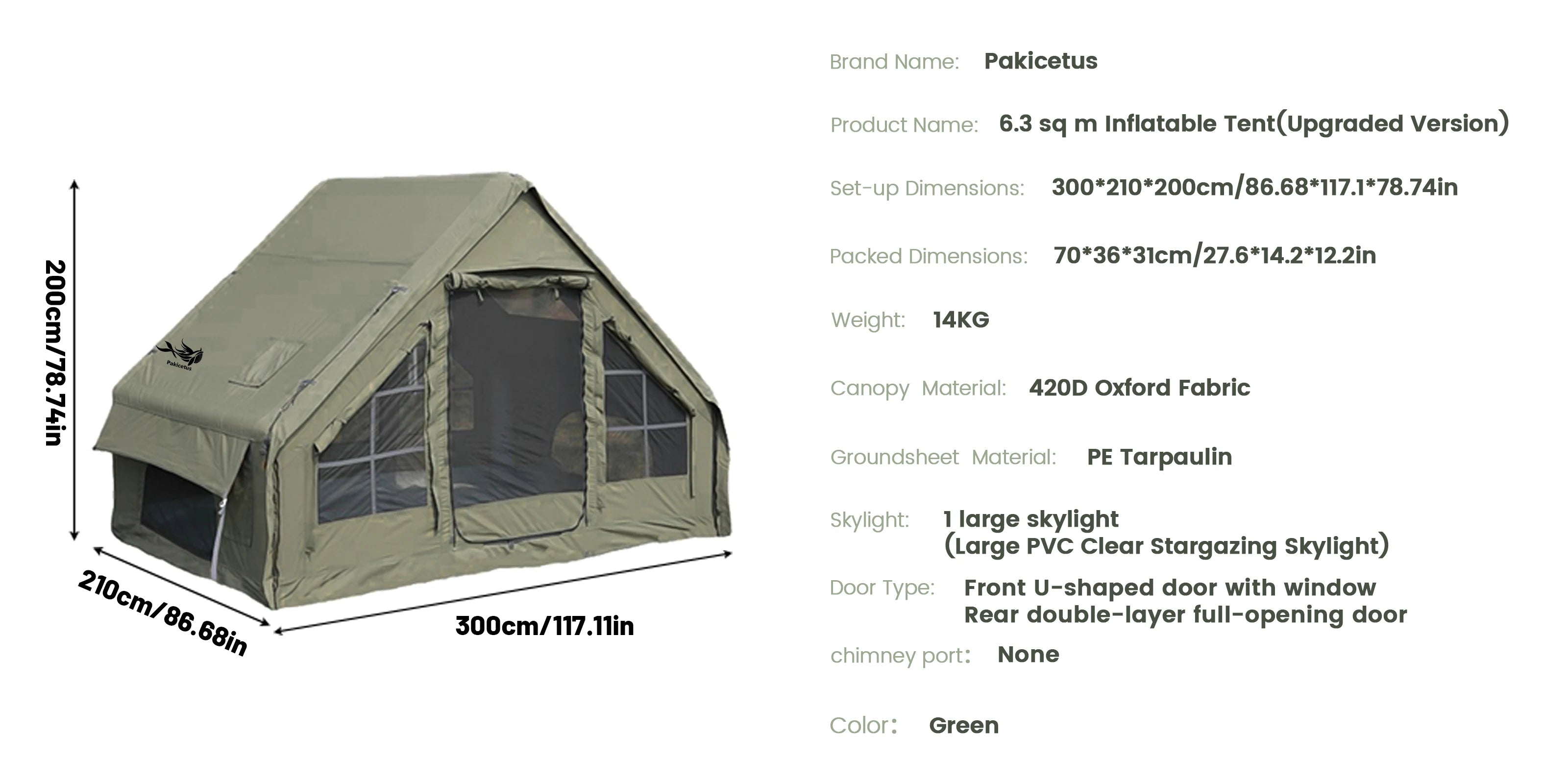 PAKICETUS Inflatable Camping Tent – 4-8 Person Portable 4-Season Waterproof Tent with Windows