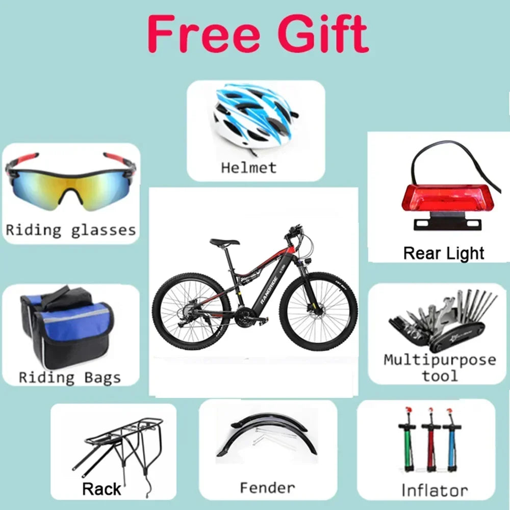 Electric Bicycle RANDRIDE YG90 1000W 48V17AH Hydraulic Brake E-bike with Full Suspension 21 Gears Shift Free Rack Electric bike