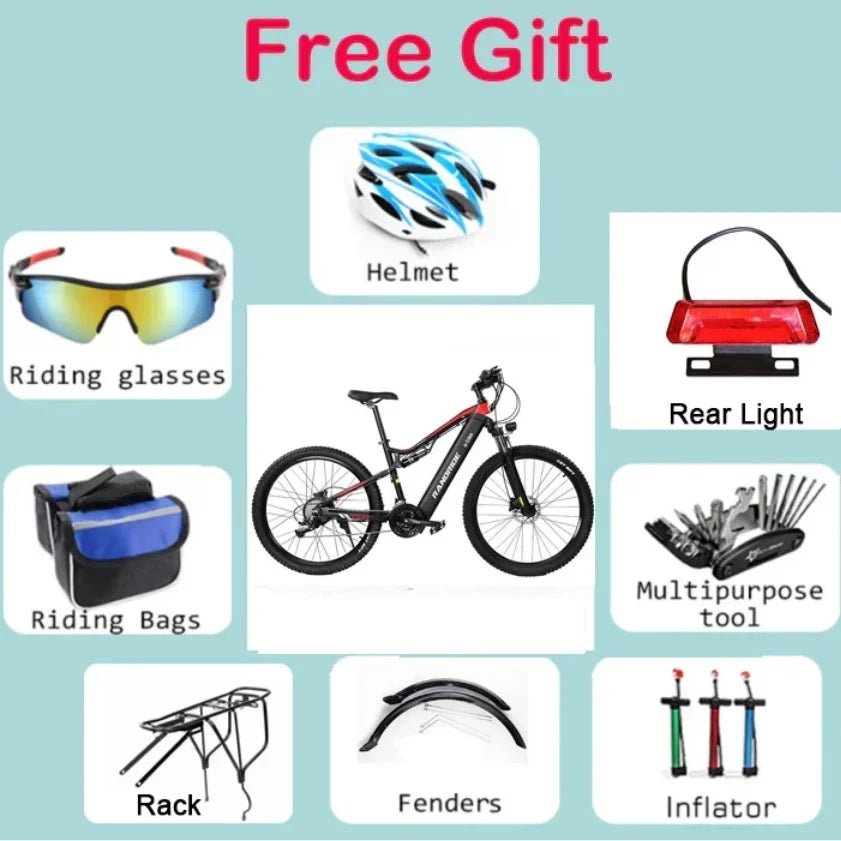 Electric Bicycle RANDRIDE YG90 1000W 48V17AH Hydraulic Brake E-bike with Full Suspension 21 Gears Shift Free Rack Electric bike