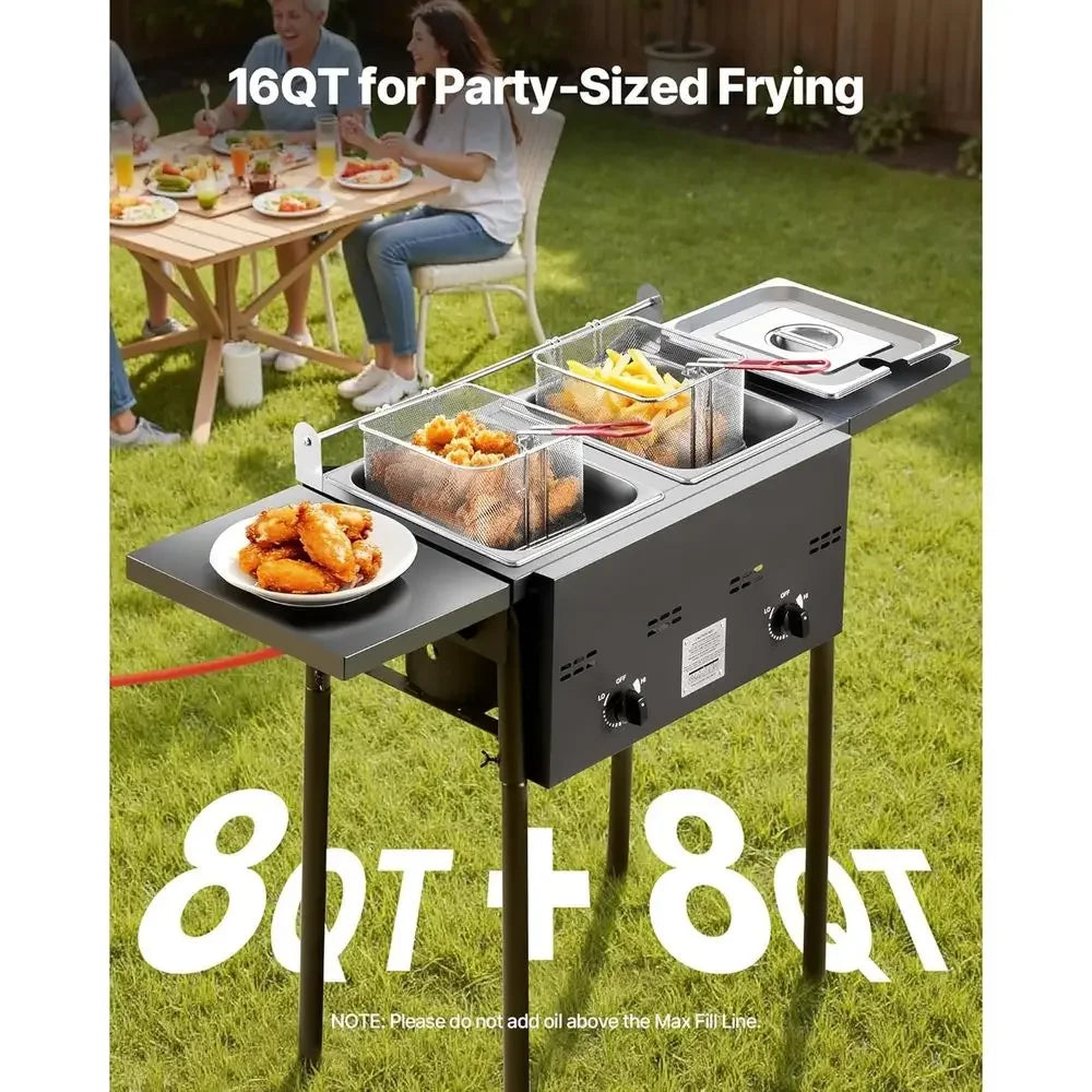 Commercial Double Burner Outdoor Propane Fryer with 16 Qt Stainless Steel Pots, Removable Baskets, Lids, and Tanks for Cooking
