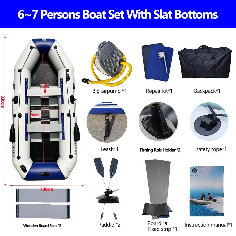 1.75-3.3m PVC Inflatable Kayak Fishing Boat with Slats Bottom for 1~6 Persons Canoeing Outdoor Water Sports Vacation Accessory