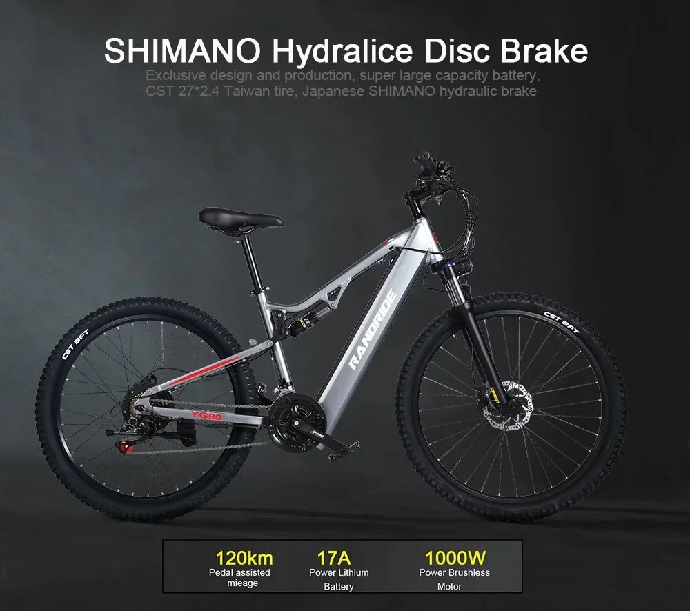 Electric Bicycle RANDRIDE YG90 1000W 48V17AH Hydraulic Brake E-bike with Full Suspension 21 Gears Shift Free Rack Electric bike
