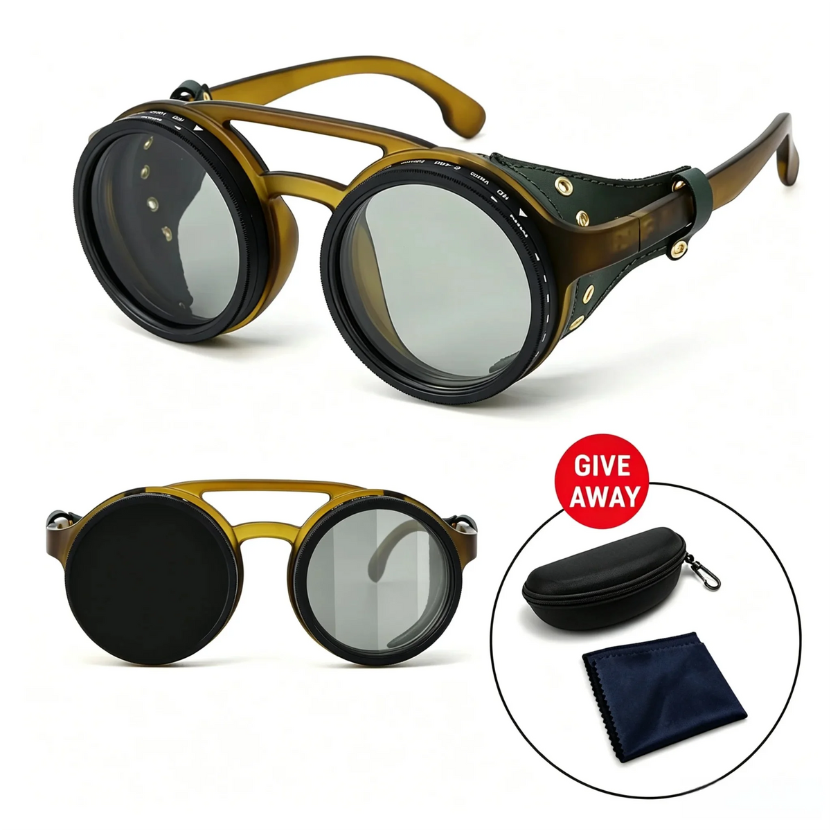 lafforgue ND9 Adjustable Dimming Steampunk Sunglasses – 9-Level ND Filter, Leather Side Shields, UV400, Unisex