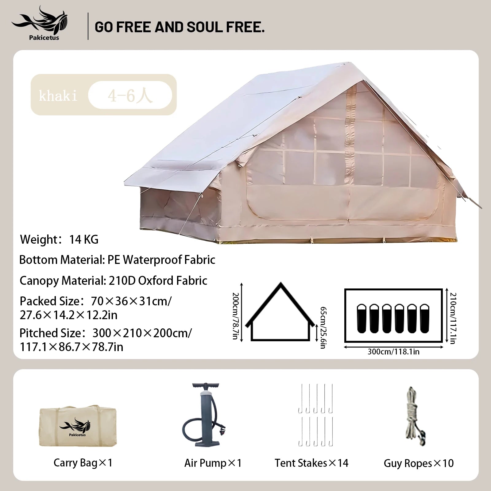 PAKICETUS Inflatable Camping Tent – 4-8 Person Portable 4-Season Waterproof Tent with Windows