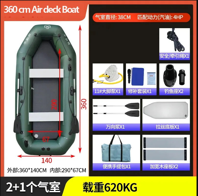 1.75~3.6m Green Fishing Kayak PVC Inflatable Boat with Air Deck Bottoms Set Fishing Boat Raft Rubber Dinghy Inflatable Clip Net
